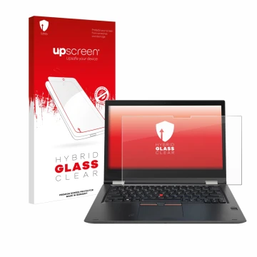 Face avant d’un emballage produit avec le logo de la marque upscreen. À côté, l’appareil Lenovo ThinkPad Yoga X380 est représe