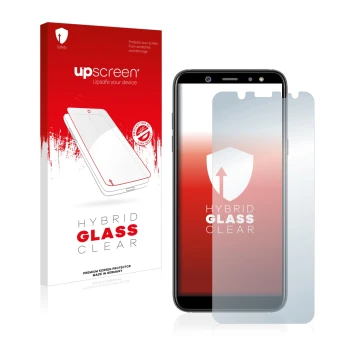 Face avant d’un emballage produit avec le logo de la marque upscreen. À côté, l’appareil Samsung Galaxy A6 2018 est représenté