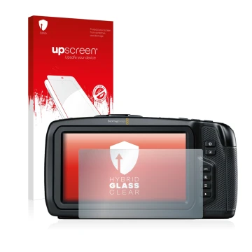 Face avant d’un emballage produit avec le logo de la marque upscreen. À côté, l’appareil Blackmagic Pocket Cinema Camera 4K es
