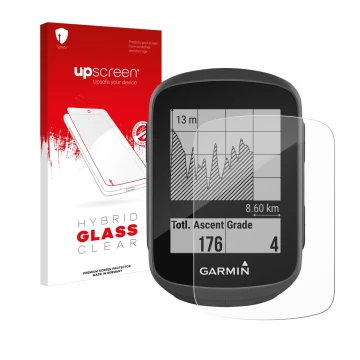 Face avant d’un emballage produit avec le logo de la marque upscreen. À côté, l’appareil Garmin Edge 130 est représenté avec l
