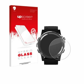 Face avant d’un emballage produit avec le logo de la marque upscreen. À côté, l’appareil Garmin Descent Mk1 est représenté ave