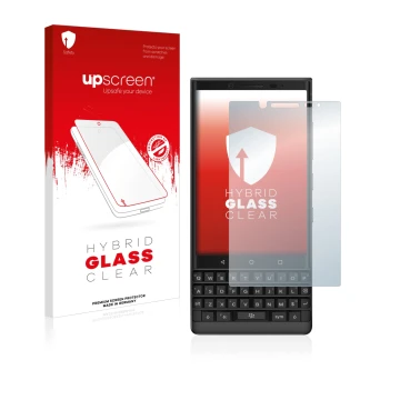 Face avant d’un emballage produit avec le logo de la marque upscreen. À côté, l’appareil BlackBerry Key2 est représenté avec l