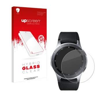 Face avant d’un emballage produit avec le logo de la marque upscreen. À côté, l’appareil Samsung Galaxy Watch (46 mm) est repr