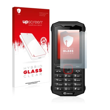 Face avant d’un emballage produit avec le logo de la marque upscreen. À côté, l’appareil Crosscall Spider X4 est représenté av