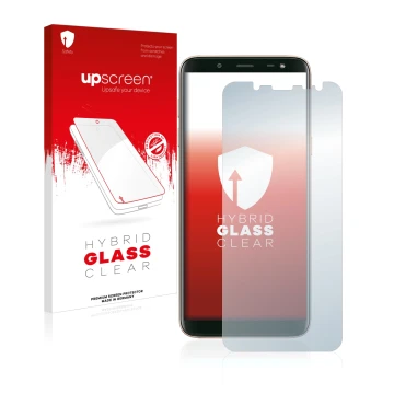 Face avant d’un emballage produit avec le logo de la marque upscreen. À côté, l’appareil Samsung Galaxy J6 2018 est représenté