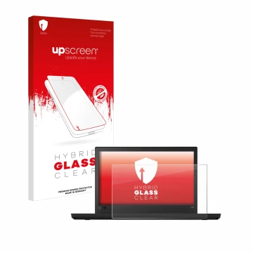 Face avant d’un emballage produit avec le logo de la marque upscreen. À côté, l’appareil Lenovo ThinkPad T480 est représenté a
