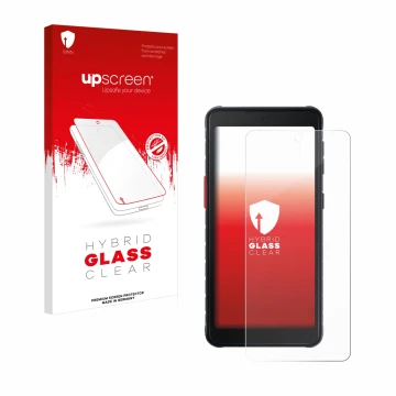 Face avant d’un emballage produit avec le logo de la marque upscreen. À côté, l’appareil Samsung Galaxy XCover 5 est représent