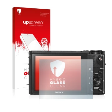 Face avant d’un emballage produit avec le logo de la marque upscreen. À côté, l’appareil Sony Cyber-Shot DSC-RX100 VI est repr