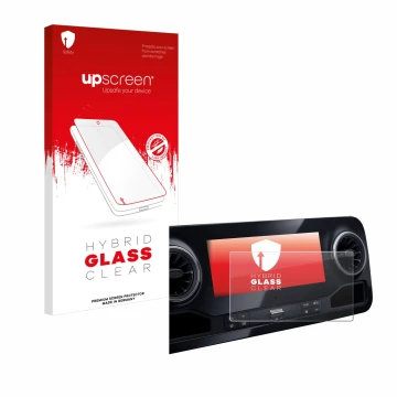 Face avant d’un emballage produit avec le logo de la marque upscreen. À côté, l’appareil Mercedes-Benz Sprinter 2018 MBUX 7
