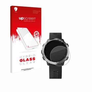 Face avant d’un emballage produit avec le logo de la marque upscreen. À côté, l’appareil Garmin Forerunner 645 Music est repré