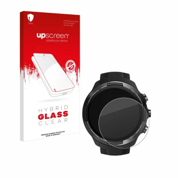 Face avant d’un emballage produit avec le logo de la marque upscreen. À côté, l’appareil Suunto 9 est représenté avec la prote