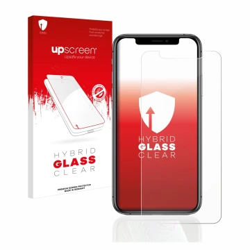 Face avant d’un emballage produit avec le logo de la marque upscreen. À côté, l’appareil Apple iPhone Xs est représenté avec l