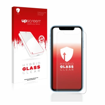 Face avant d’un emballage produit avec le logo de la marque upscreen. À côté, l’appareil Apple iPhone XR est représenté avec l