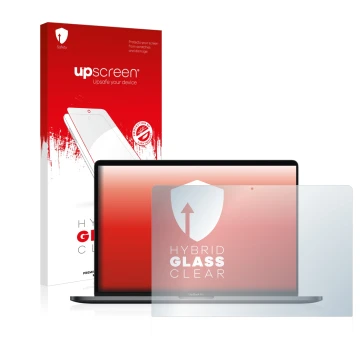Face avant d’un emballage produit avec le logo de la marque upscreen. À côté, l’appareil Apple MacBook Pro 15