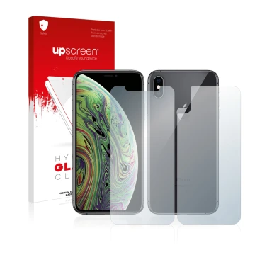 Face avant d’un emballage produit avec le logo de la marque upscreen. À côté, l’appareil Apple iPhone Xs (Avant+Arrière) est r