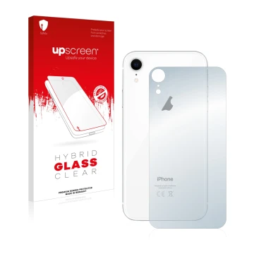 Face avant d’un emballage produit avec le logo de la marque upscreen. À côté, l’appareil Apple iPhone XR (Le dos) est représen