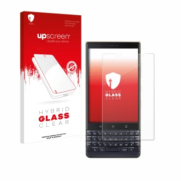 Face avant d’un emballage produit avec le logo de la marque upscreen. À côté, l’appareil BlackBerry Key2 LE est représenté ave