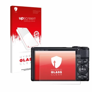 Face avant d’un emballage produit avec le logo de la marque upscreen. À côté, l’appareil Canon PowerShot SX740 HS est représen