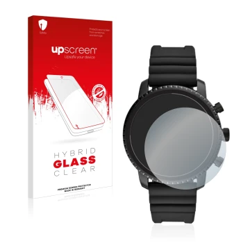 Face avant d’un emballage produit avec le logo de la marque upscreen. À côté, l’appareil Fossil Q Explorist HR (4.Gen) est rep