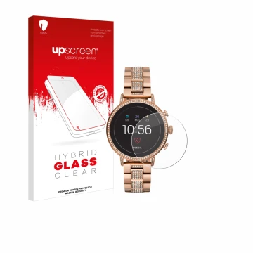 Face avant d’un emballage produit avec le logo de la marque upscreen. À côté, l’appareil Fossil Q Venture HR (4.Gen) est repré