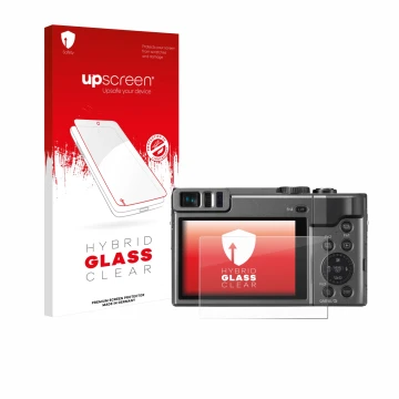 Face avant d’un emballage produit avec le logo de la marque upscreen. À côté, l’appareil Panasonic Lumix DC-TZ90 est représent