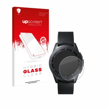 Face avant d’un emballage produit avec le logo de la marque upscreen. À côté, l’appareil Samsung Galaxy Watch (42 mm) est repr