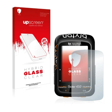 Face avant d’un emballage produit avec le logo de la marque upscreen. À côté, l’appareil Bryton Rider 450 est représenté avec 