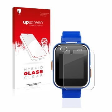 Face avant d’un emballage produit avec le logo de la marque upscreen. À côté, l’appareil Vtech Kidizoom Smart Watch DX2 est re