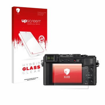 Face avant d’un emballage produit avec le logo de la marque upscreen. À côté, l’appareil Panasonic Lumix DC-LX100 II est repré