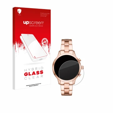 Face avant d’un emballage produit avec le logo de la marque upscreen. À côté, l’appareil Michael Kors Access Runway (41 mm) es