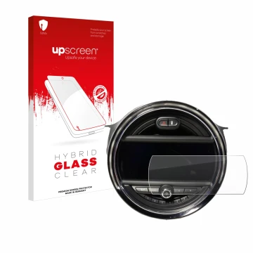 Face avant d’un emballage produit avec le logo de la marque upscreen. À côté, l’appareil Mini Cooper F56 (8.8