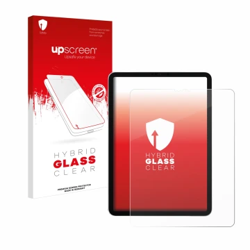 Face avant d’un emballage produit avec le logo de la marque upscreen. À côté, l’appareil Apple iPad Pro 12.9