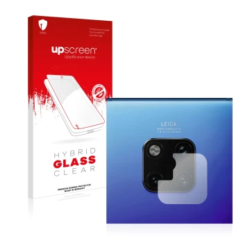 Face avant d’un emballage produit avec le logo de la marque upscreen. À côté, l’appareil Huawei Mate 20 Pro (Caméra UNIQUEMENT