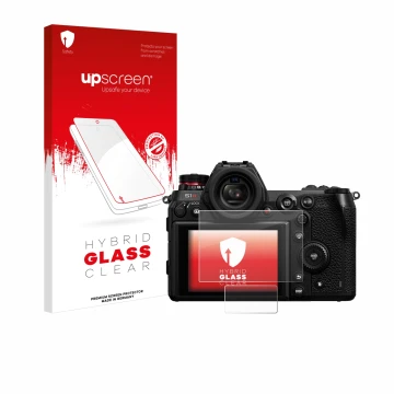 Face avant d’un emballage produit avec le logo de la marque upscreen. À côté, l’appareil Panasonic Lumix DC-S1R est représenté