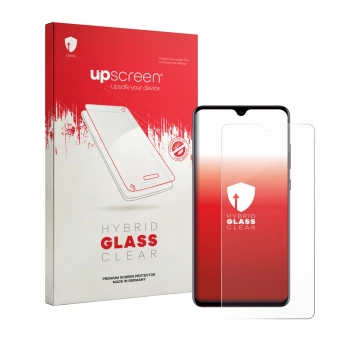 Face avant d’un emballage produit avec le logo de la marque upscreen. À côté, l’appareil Huawei Mate 20 est représenté avec la