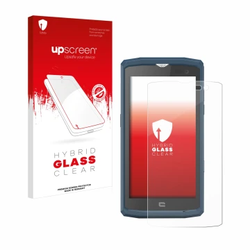 Face avant d’un emballage produit avec le logo de la marque upscreen. À côté, l’appareil Crosscall Core X3 est représenté avec