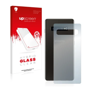 Face avant d’un emballage produit avec le logo de la marque upscreen. À côté, l’appareil Samsung Galaxy S10 (Arrière) est repr