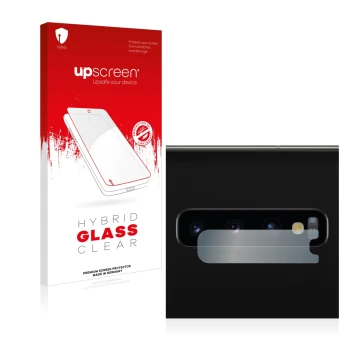Face avant d’un emballage produit avec le logo de la marque upscreen. À côté, l’appareil Samsung Galaxy S10 (Caméra UNIQUEMENT