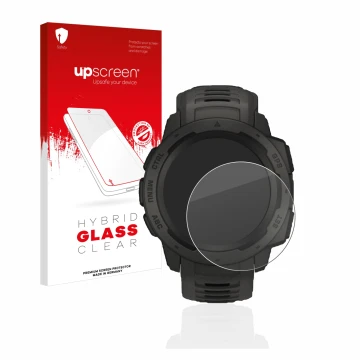 Face avant d’un emballage produit avec le logo de la marque upscreen. À côté, l’appareil Garmin Instinct est représenté avec l