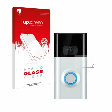 Face avant d’un emballage produit avec le logo de la marque upscreen. À côté, l’appareil Ring Doorbell 2 (Lentille) est représ