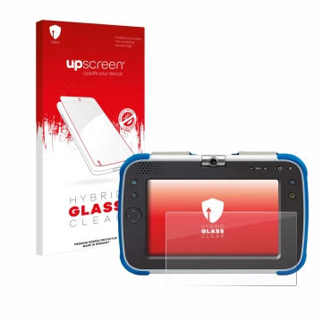 Face avant d’un emballage produit avec le logo de la marque upscreen. À côté, l’appareil Vtech Storio Max XL 2.0 est représent
