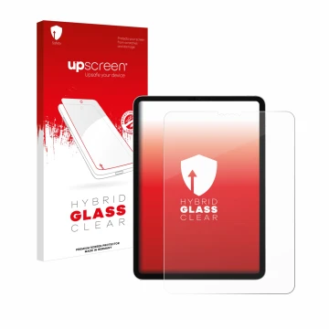 Face avant d’un emballage produit avec le logo de la marque upscreen. À côté, l’appareil Apple iPad Pro 11