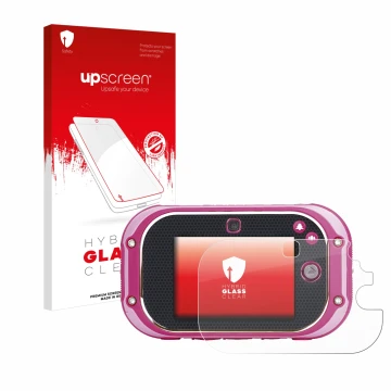 Face avant d’un emballage produit avec le logo de la marque upscreen. À côté, l’appareil Vtech Kidizoom Touch 5.0 2018 est rep