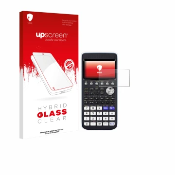 Face avant d’un emballage produit avec le logo de la marque upscreen. À côté, l’appareil Casio FX-CG50 est représenté avec la 