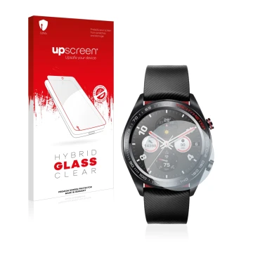 Face avant d’un emballage produit avec le logo de la marque upscreen. À côté, l’appareil Honor Watch Magic est représenté avec
