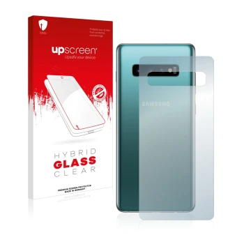 Face avant d’un emballage produit avec le logo de la marque upscreen. À côté, l’appareil Samsung Galaxy S10 Plus (Arrière) est
