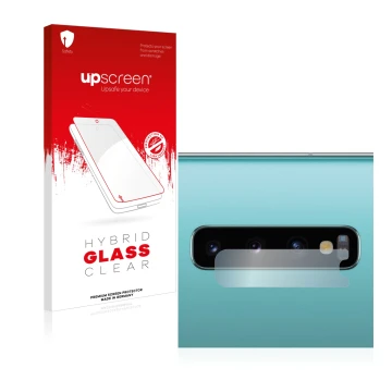 Face avant d’un emballage produit avec le logo de la marque upscreen. À côté, l’appareil Samsung Galaxy S10 Plus (Caméra UNIQU