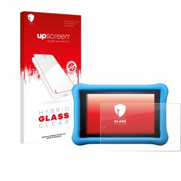Face avant d’un emballage produit avec le logo de la marque upscreen. À côté, l’appareil Amazon Fire HD 8 Kids Edition 2018 (8