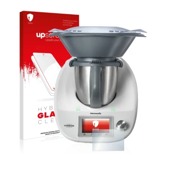 Face avant d’un emballage produit avec le logo de la marque upscreen. À côté, l’appareil Vorwerk Bimby TM5 est représenté avec