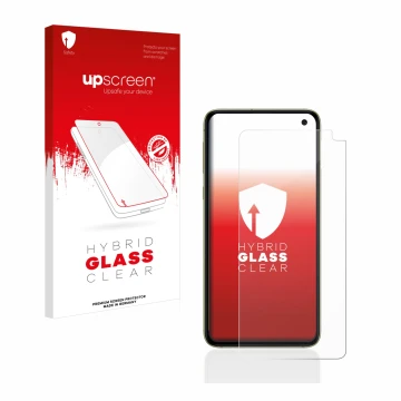 Face avant d’un emballage produit avec le logo de la marque upscreen. À côté, l’appareil Samsung Galaxy S10e est représenté av